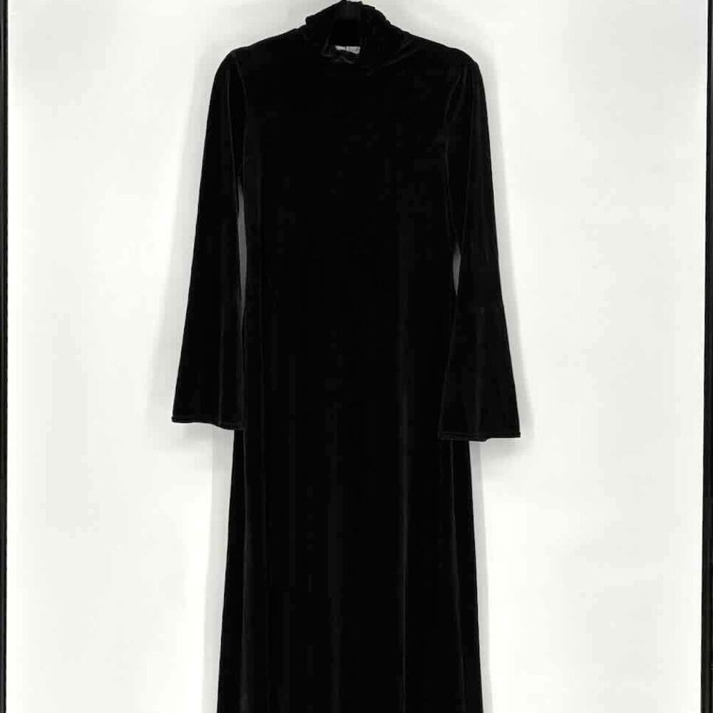 Vtg 90s Black Stretch Velvet Long-Sleeve High Neck Bell Sleeve Maxi Dress - M